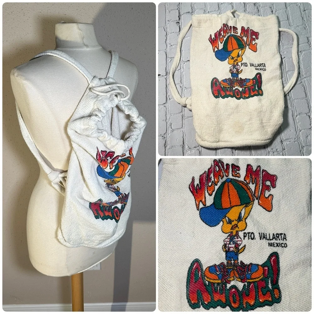 Tweety Bird Beach Bag Backpack “Weave me Awone!” Puerto Vallarta Mexico Souvenir